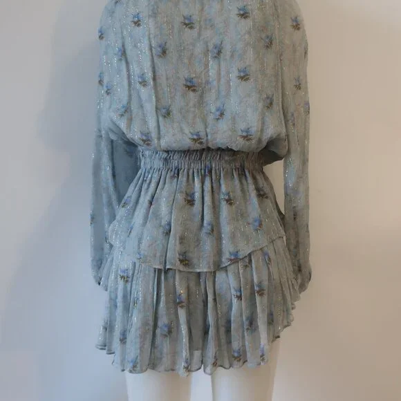 Womens LoveShackFancy Pale Blue Metallic Gold Silk Floral Mini Popover Dress XS - Picture 14 of 15